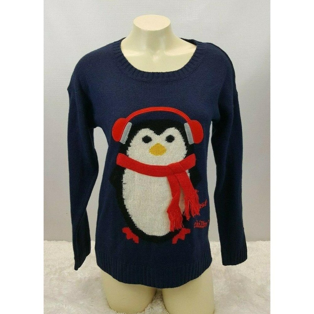 Ugly Cute Christmas Sweater Chili Penguin Beats Women Size Small Petite Blue